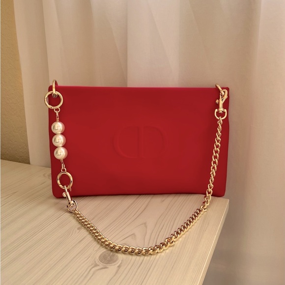 Dior Red/Pink Crossbody/Handbag with Pearl and Gold Chains - Picture 1 of 6